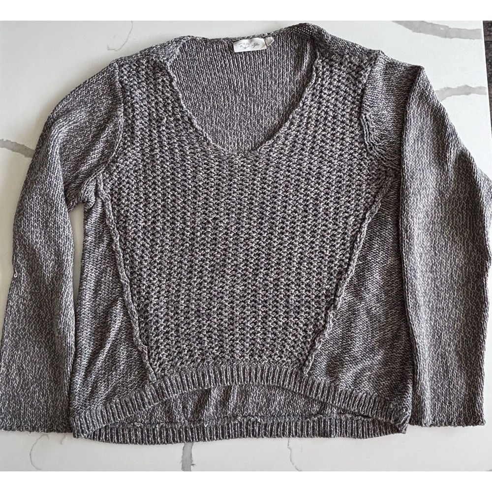 RD Style Womens V-Neck Chunky Knit Sweater Gray Beige Marled Size Large